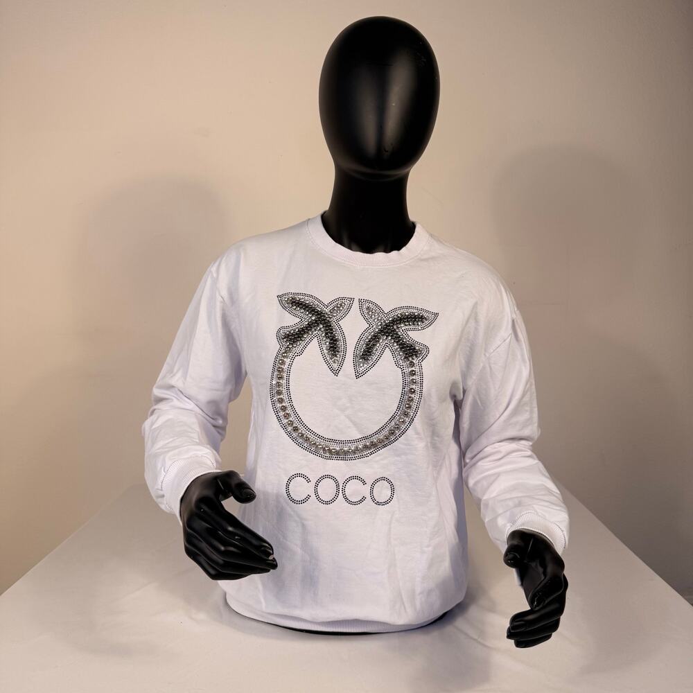 White Rhinestone COCO Bird Graphic Long Sleeve Sweatshirt